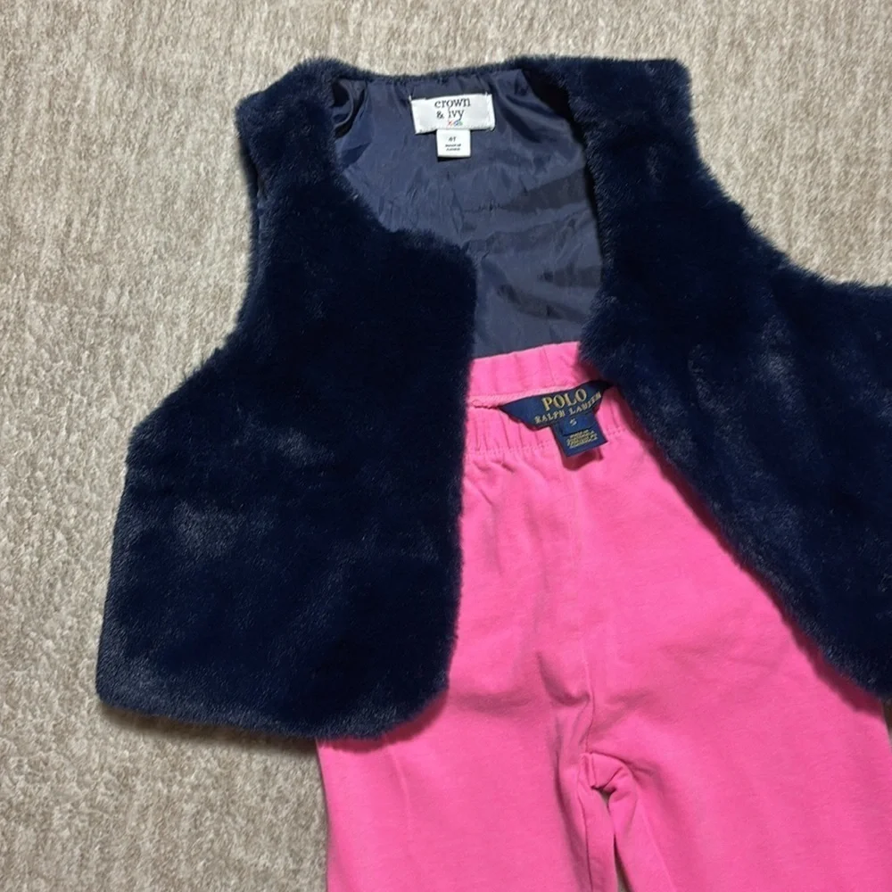 4T/5 Girl outfit Crown & Ivy faux fur vest navy pink Polo Ralph Lauren leggings